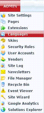 Screenshot of the Languages section which is found under the DotNetNuke Host menu.