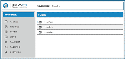 Screenshot of the forms list in the Forms section of the DotNetMushroom RAD Module.