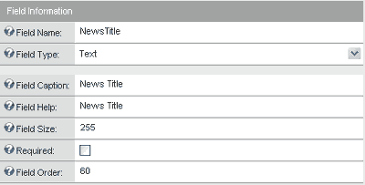 Screenshot of the NewsTitle field properties