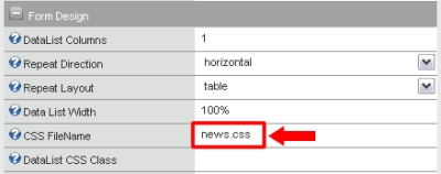 Screenshot showing how the CSS file is attached to the NewsEdit Form