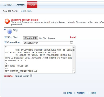 Screenshot showing the DNN Host > Script form