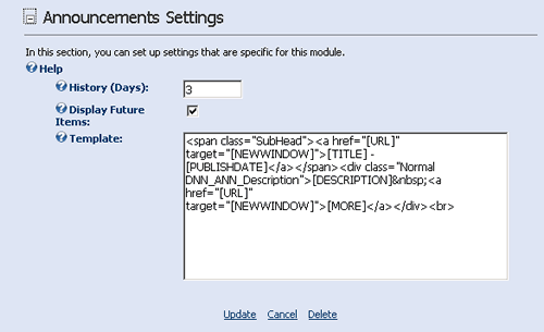 announcements module settings