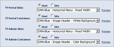 Admin, Site Settings, Selecting a skin from Host or Site