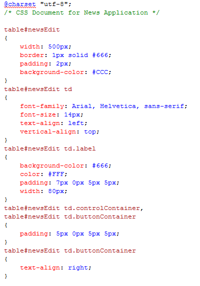 CSS of the Structure of the NewsEdit Form