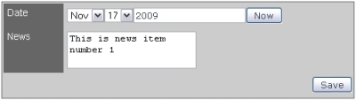 Screenshot of the NewsEdit Form without Styling of the Controls