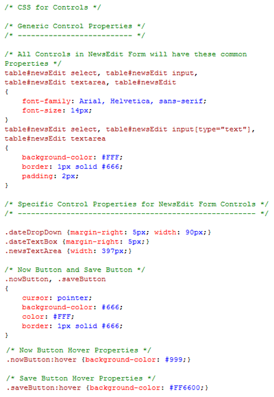 The CSS segment for styling the Controls