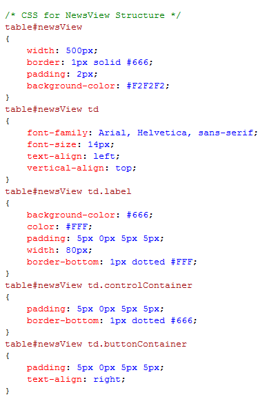 Additional lines in news.css to style the NewsView Form Structure