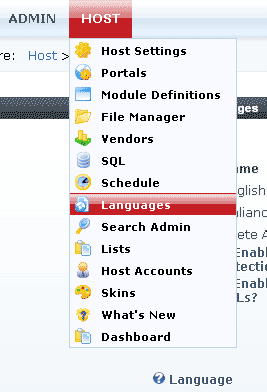 Screenshot of the Languages section which is found under the DotNetNuke Host menu.