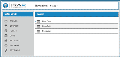  Screenshot of the forms list in the Forms section of the DotNetMushroom RAD Module.