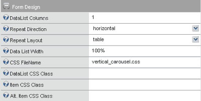 Screenshot of the News_Carousel Form Design properties