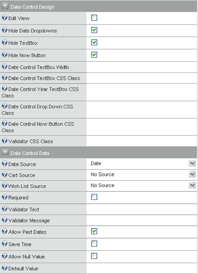 Screenshot of the Date control properties