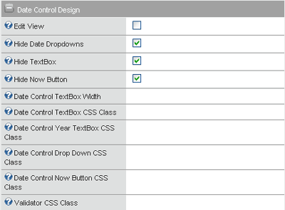 Screenshot of the Date Control Design properties
