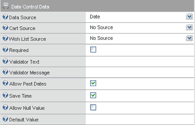 Screenshot of the Date Control Data properties