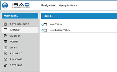 Screenshot – Tables link and Tables panel