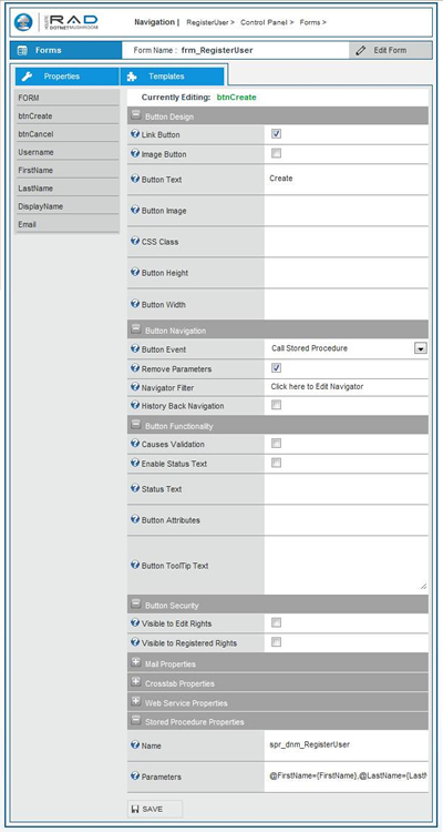 Screenshot showing the form properties